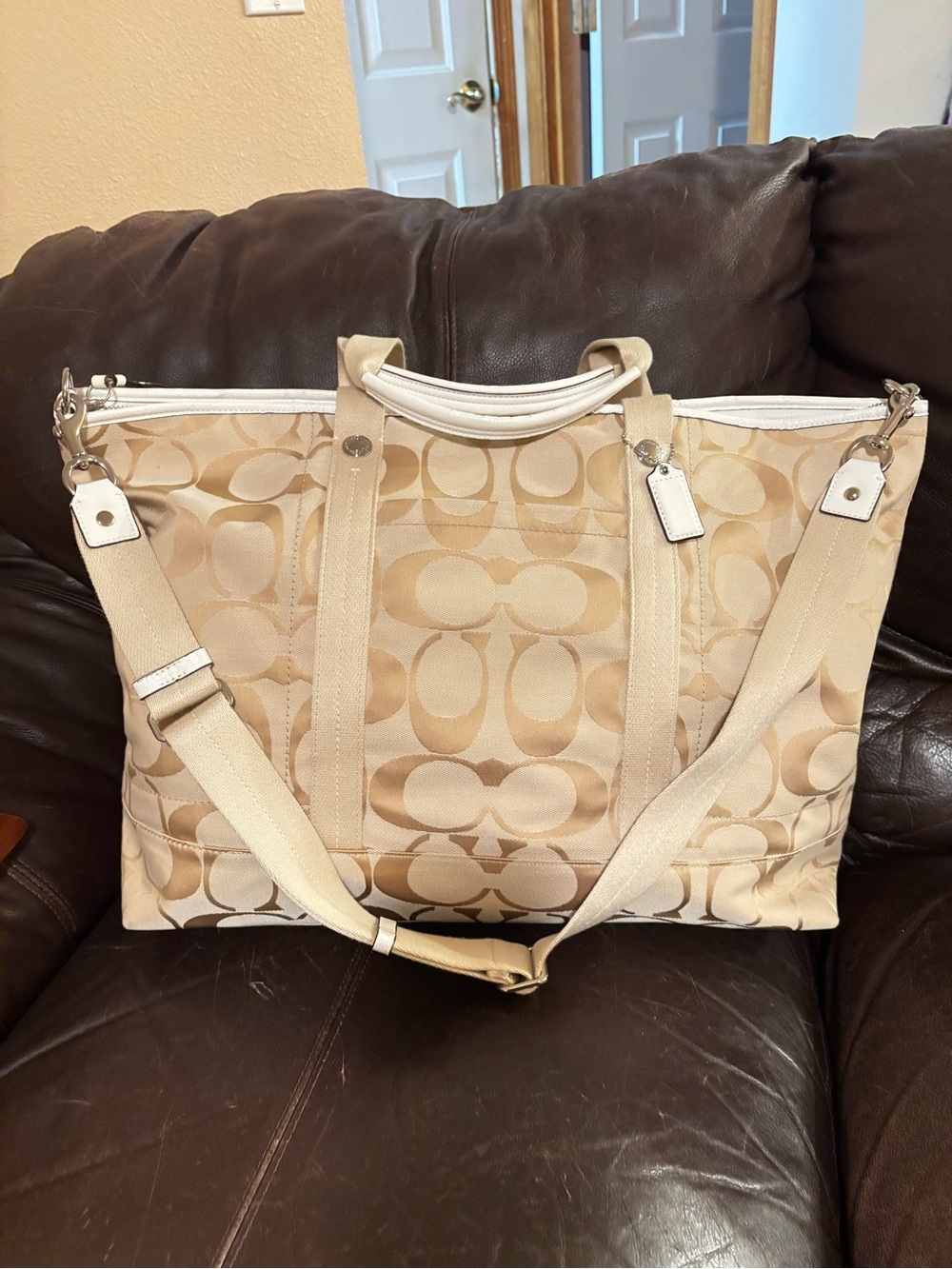 Coach Kyra Tote/Weekender Signature Canvas Tote in Beige and Cream